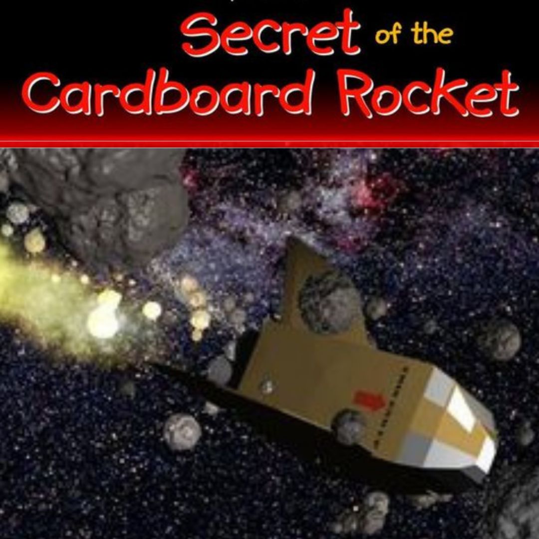 A cardboard rocket flying through an asteroid field in space with colorful nebulas in the background.