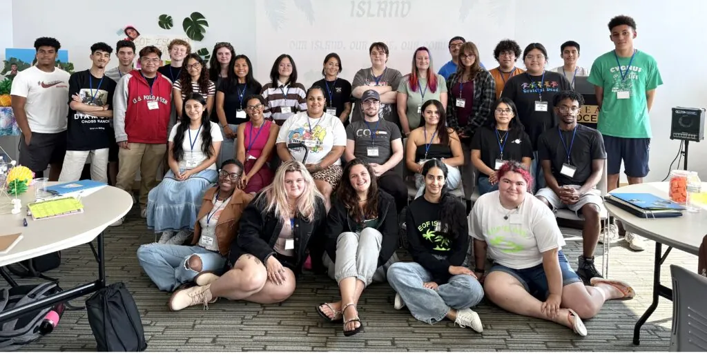 Large group of students posed together at the EOF new student summer program. 