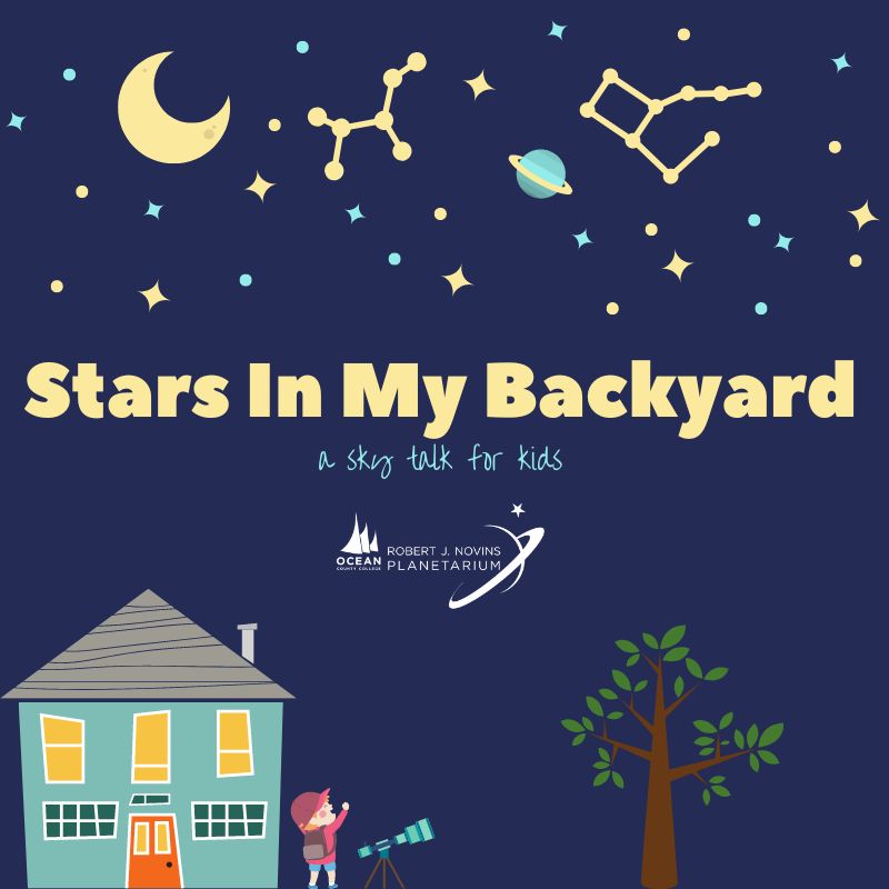 A night sky-themed illustration with stars, constellations, a moon, and a child looking through a telescope near a house and tree. The text reads, "Stars In My Backyard - a sky talk for kids."