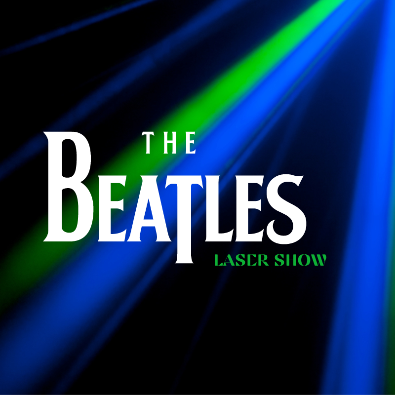 "Text 'The Beatles Laser Show' with blue and green laser beams on a dark background."